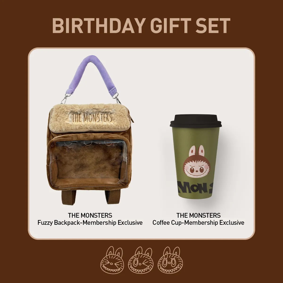 Membership Birthday Gift Set -  THE MONSTERS Fuzzy Backpack & Coffee Cup