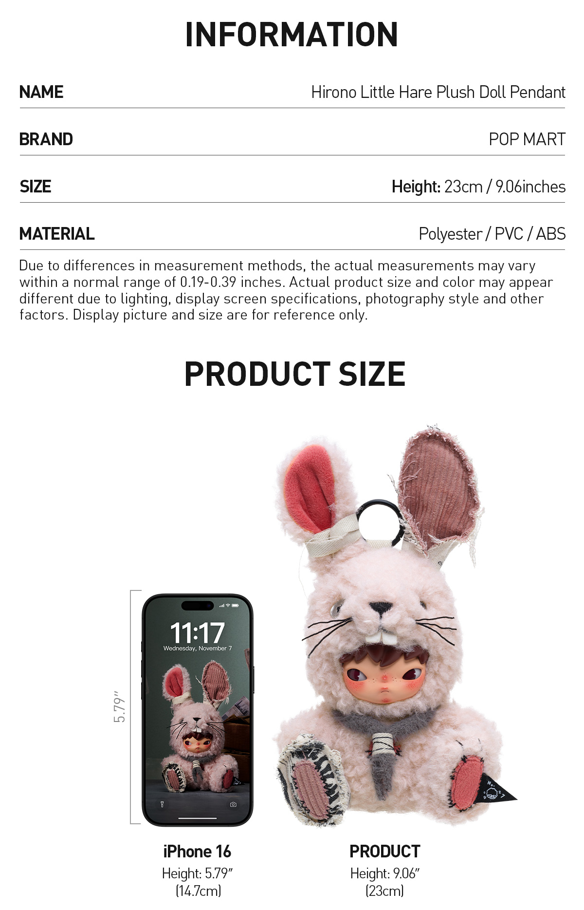 Hirono Little Hare Plush Doll Pendant - POP MART (United States)
